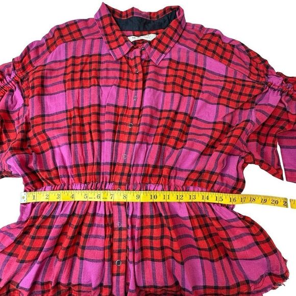 WE THE FREE Pacific Dawn Plaid Shirt Red Pink Cinch Waist Tie Back Size Large - Picture 12 of 16